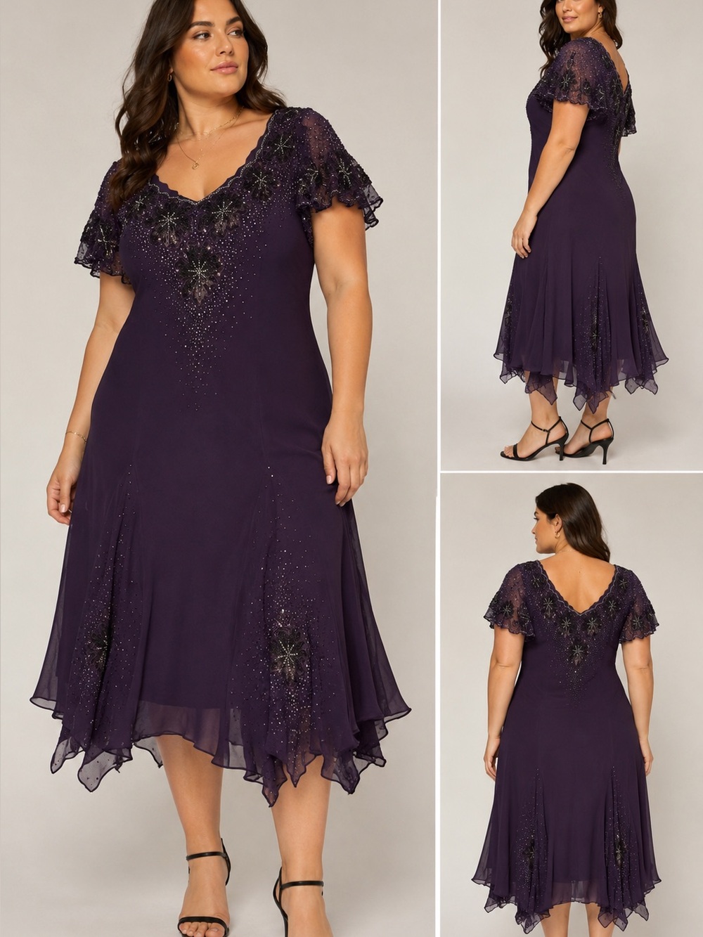 J Kara vintage y2k witchy Embellished Deep Purple Evening Dress handkerchief hem